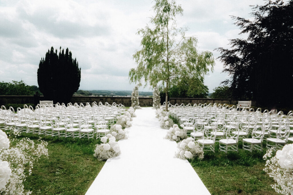 All white outdoor ceremony at the gardens of Ellwangen Palace