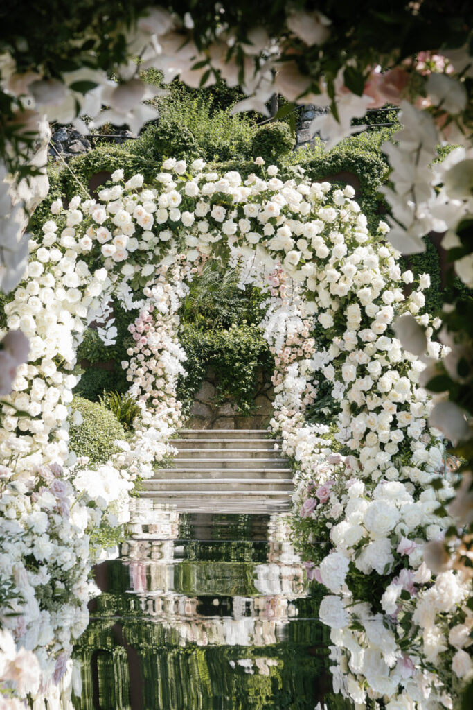 Multiple flower archs with mirror aisle at the Mandarin Oriental