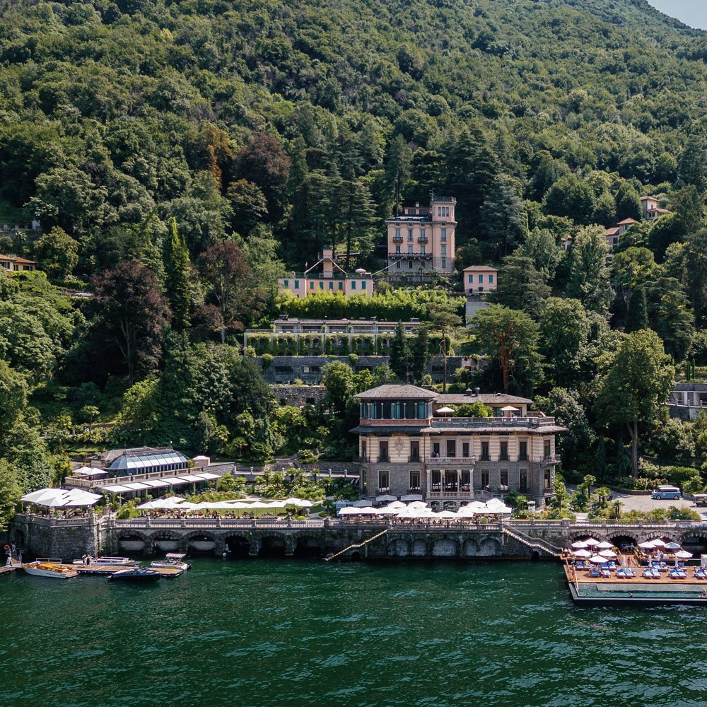 Drone shoot of the Mandarin Oriental in Blevio, Lake Como. You can see the venue with the Lake, the pool and the Greenhouse
