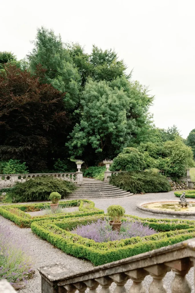 Symmetrical terraced stone stairs and central fountain at Gloster House and Gardens