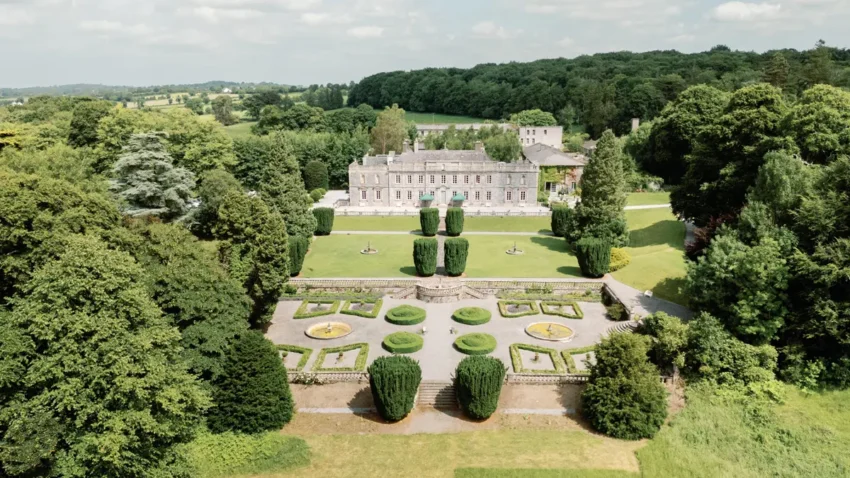 Aerial drone view of Gloster House estate and manicured gardens for a destination wedding in Ireland