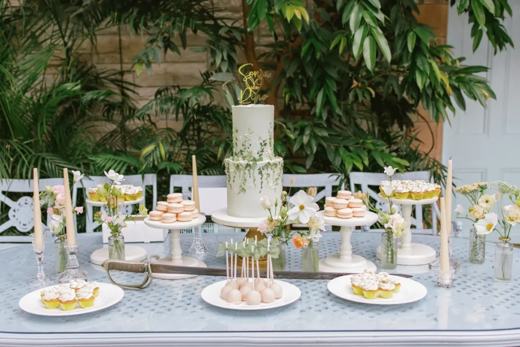 Mehrstöckige Hochzeitstorte als Mittelpunkt eines üppig gestalteten Sweet Tables